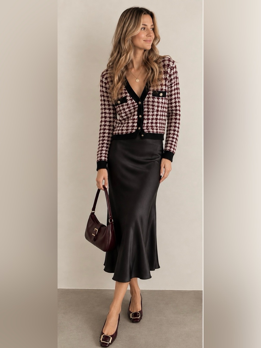 Maeve Anthropologie Houndstooth Cardigan Sweater XS Burgundy Black Gold Button